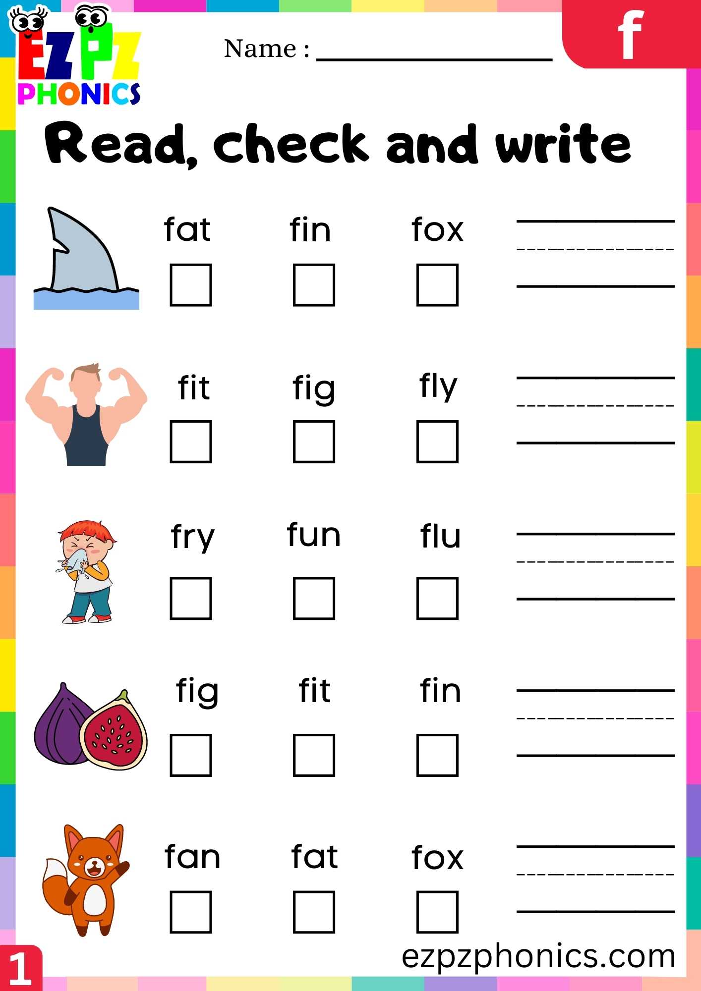 Letter F Read, Check And Write Beginning Sounds Worksheet